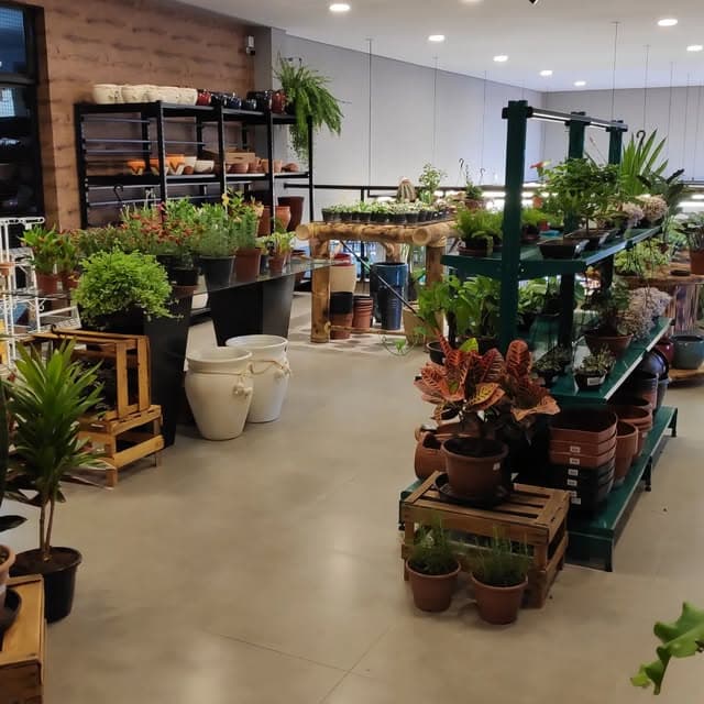O Espaço Garden no primeiro piso, com bancadas de plantas, vasos de barro e prateleiras de madeira